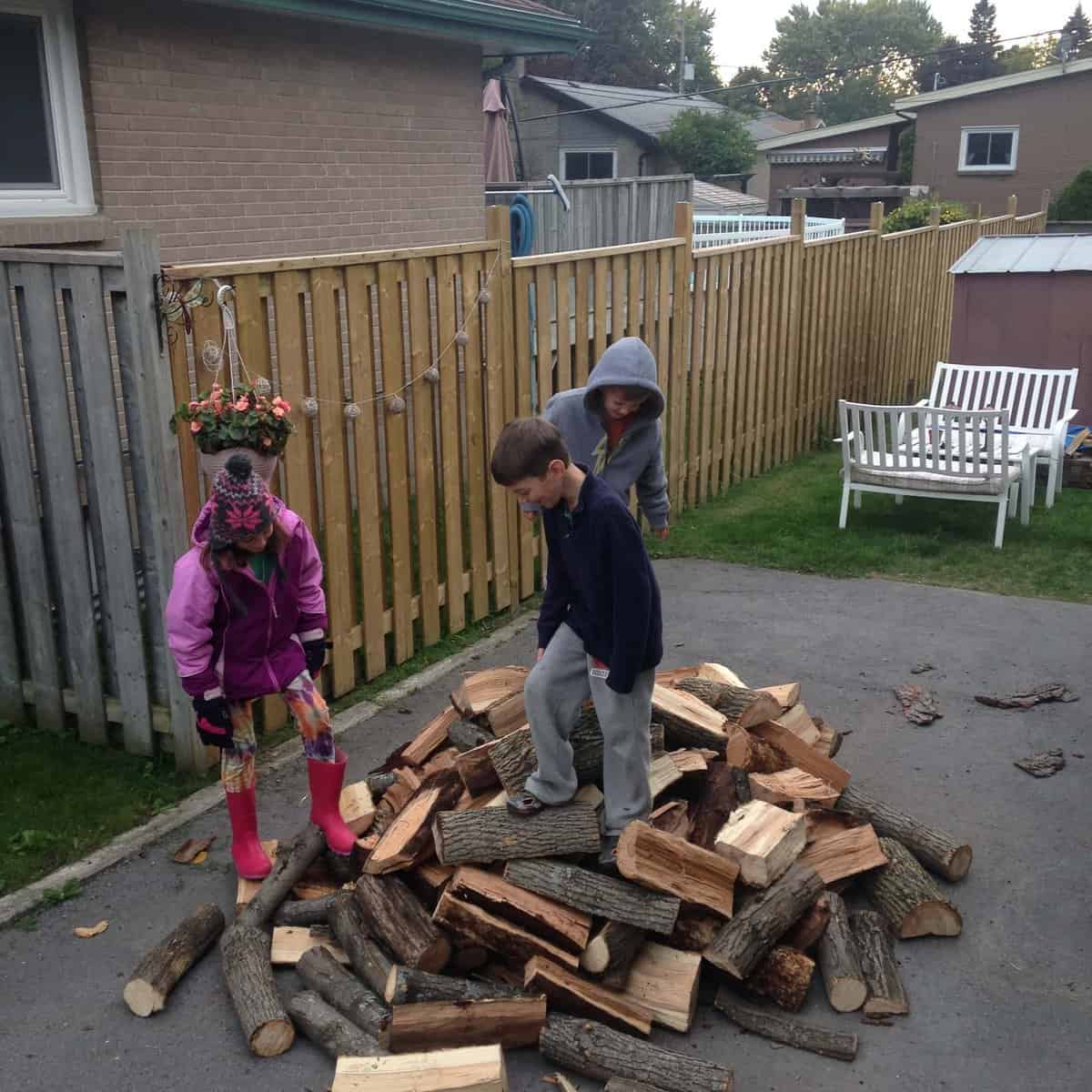 3 kids climbing on a pile of firewood in the driveway