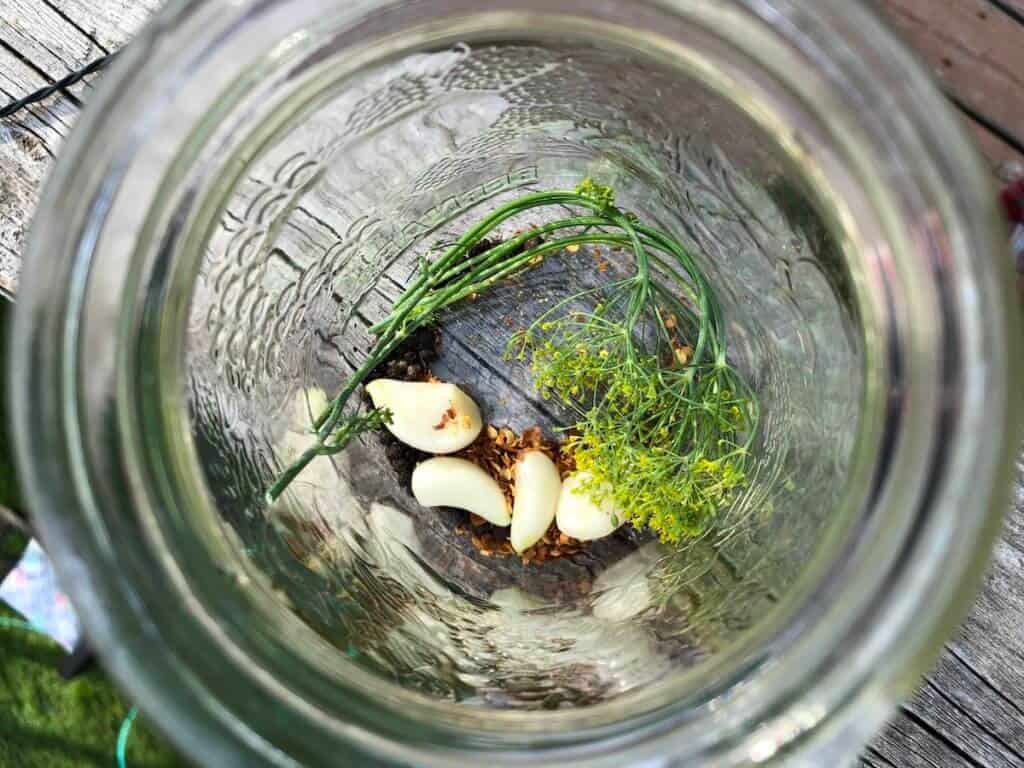 garlic cloves, fresh dill, peppercorns and hot pepper flakes in the bottom of a mason jar