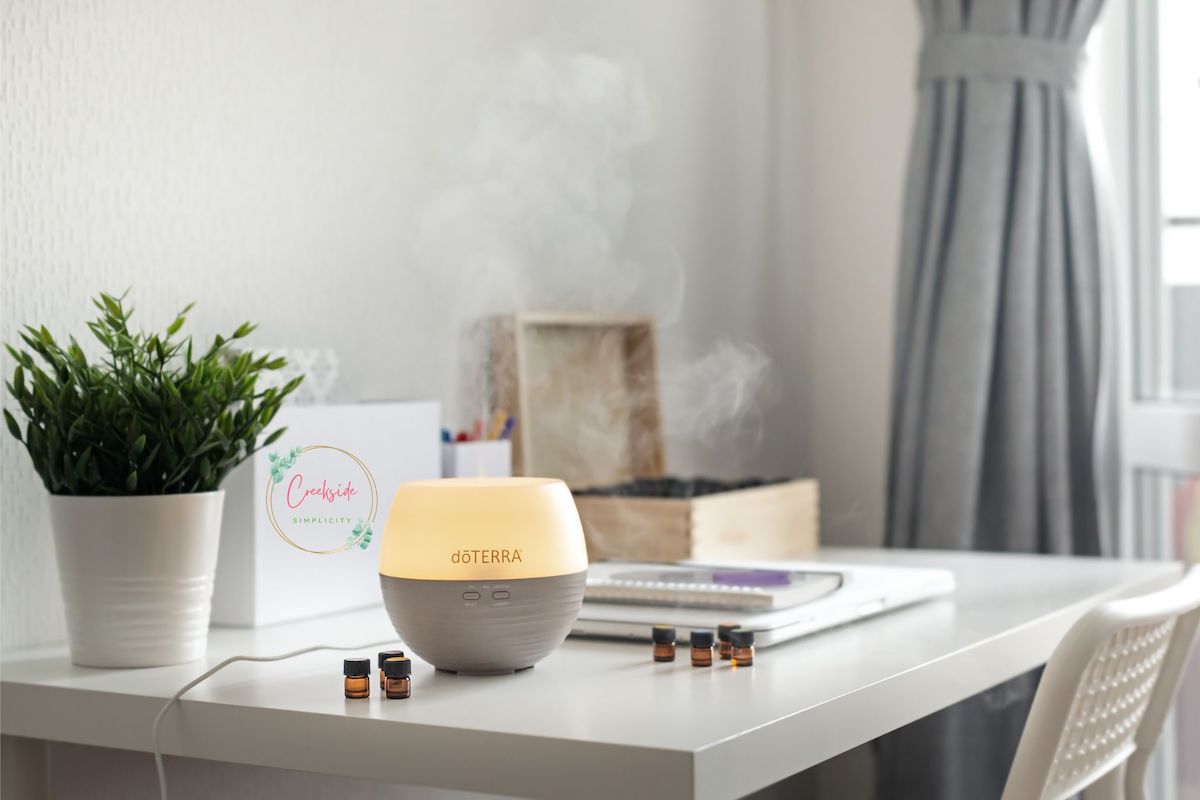 wellness advocate's desk with diffuser and essential oils