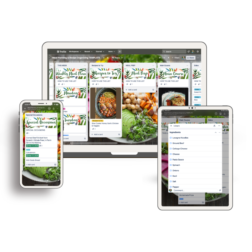 mockup of a MacBook, iPhone, and iPad displaying the Trello meal planning template