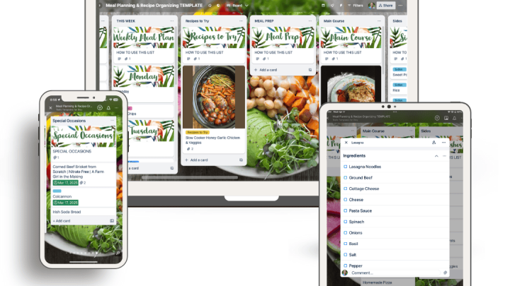 mockup of a MacBook, iPhone, and iPad displaying the Trello meal planning template
