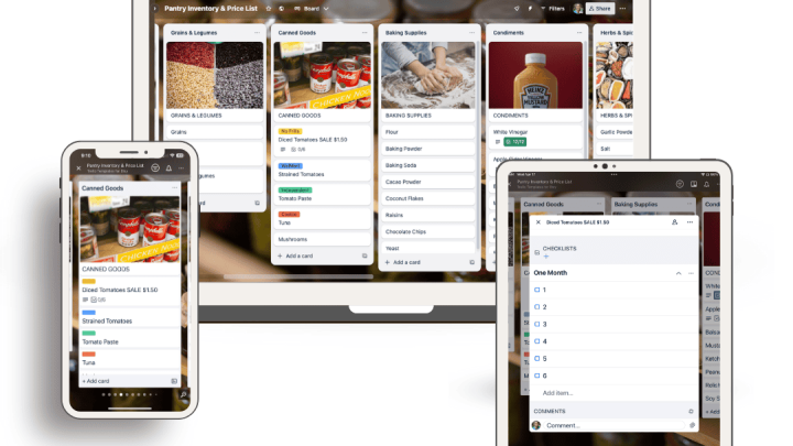 Mockup of MacBook, iPhone and iPad displaying the Trello Pantry Inventory template.
